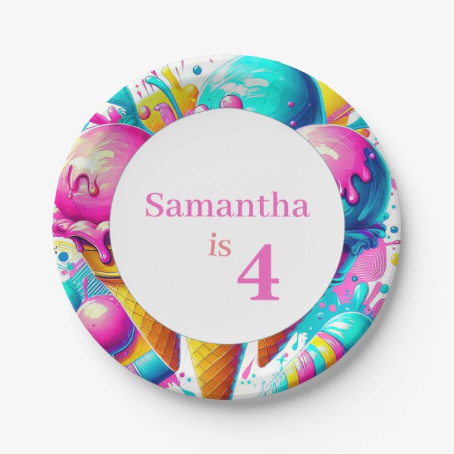Girly ice cream birthday party paper plates (Front)