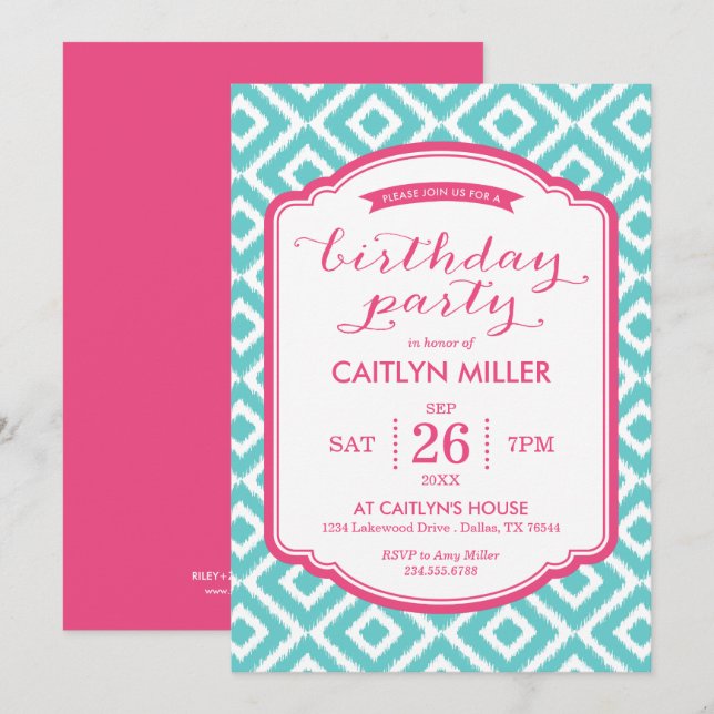 Girly Ikat Diamonds Birthday Party Invitation (Front/Back)