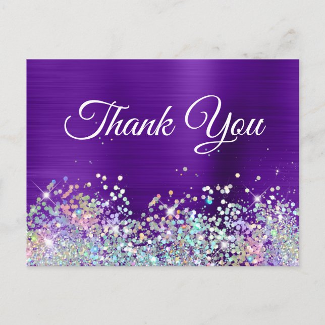 Girly Indigo Purple Foil Holo Glitter Thank You Postcard (Front)
