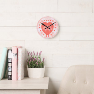 Girly Initial Monogram Coral Watercolor Heart Round Clock