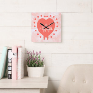 Girly Initial Monogram Coral Watercolor Heart Square Wall Clock