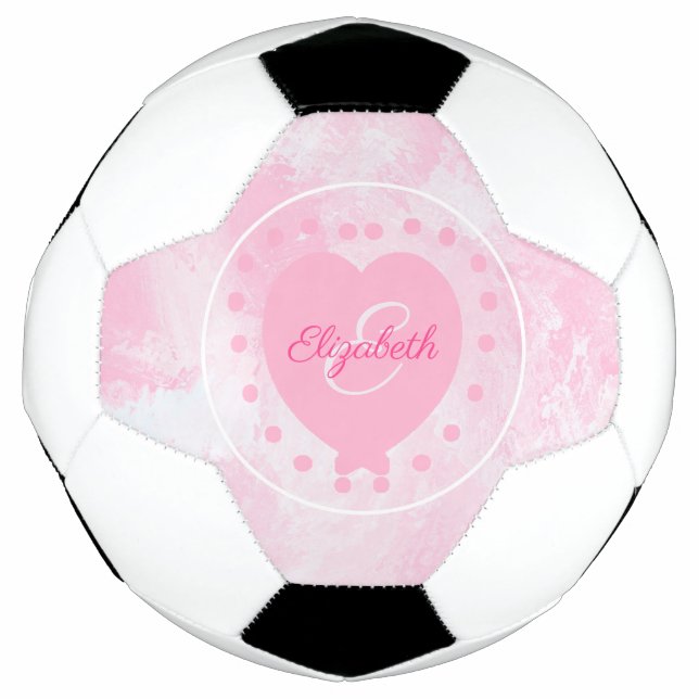Girly Initial Monogram Pink Watercolor Heart Soccer Ball (Front)
