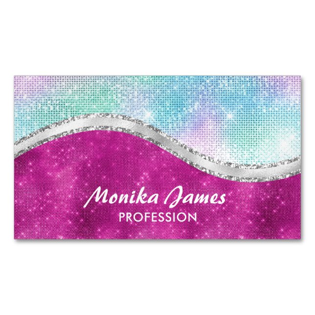 Girly Iridescent Pink Silver Faux Glitter Monogram Business Card Magnet (Front)