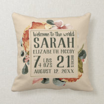 Girly Ivory Floral Baby Girl Birth Stat Nursery Throw Pillow