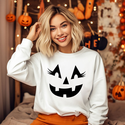 Girly Jack O Lantern Pumpkin Face Halloween Sweatshirt