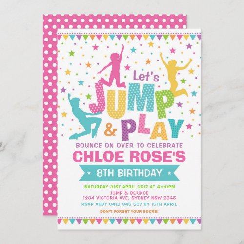 Girly Jump Birthday Party Bounce House Trampoline Invitation