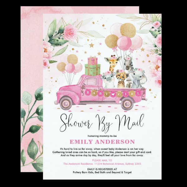 Girly Jungle Safari Animals Baby Shower By Mail Invitation