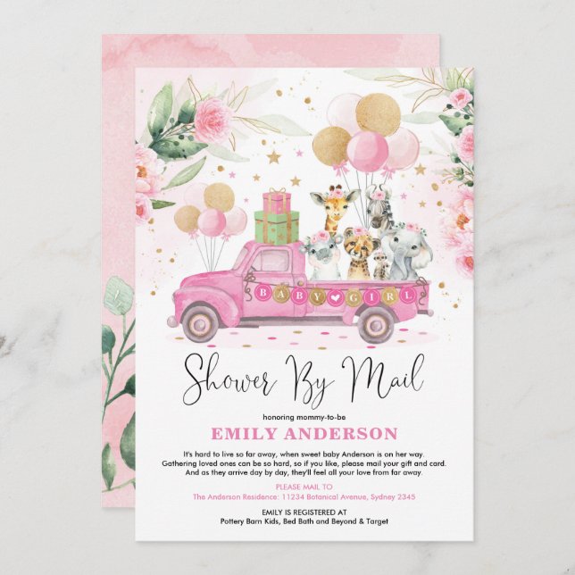 Girly Jungle Safari Animals Baby Shower By Mail Invitation (Front/Back)