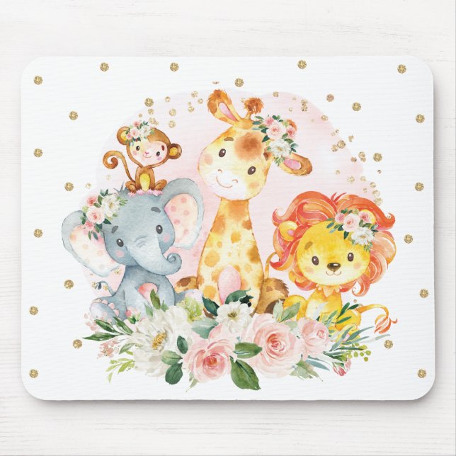 Girly Jungle Safari Animals Blush Gold Flowers Mouse Pad (Front)