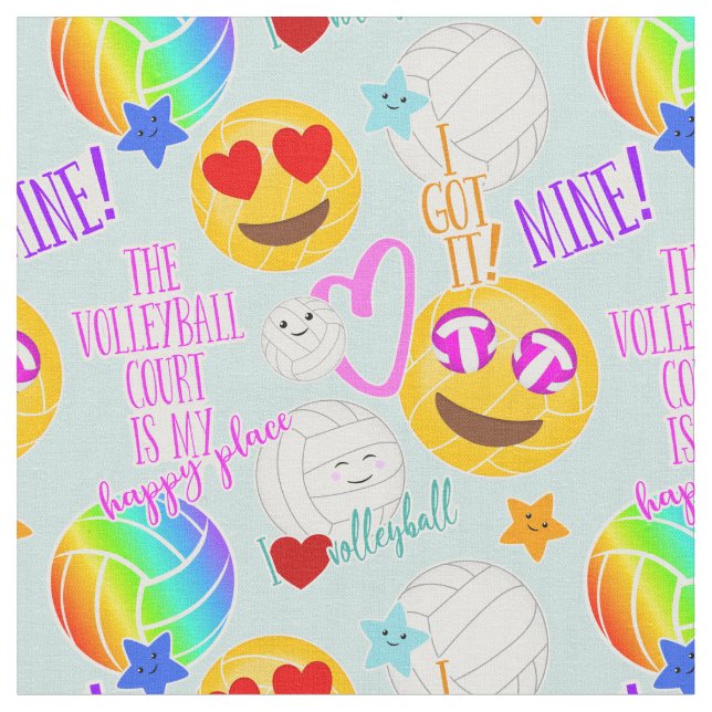 girly kawaii emoji volleyball typography pattern fabric (Close Up)