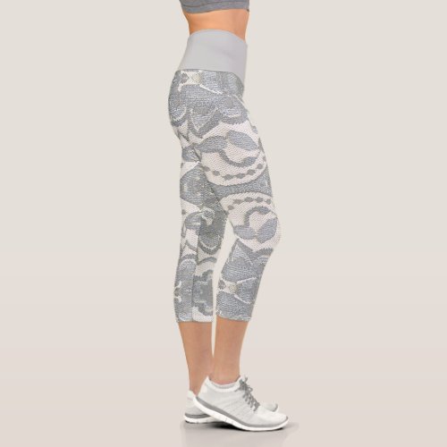 Girly Lace Pattern White and Grey Fitness Capri Leggings