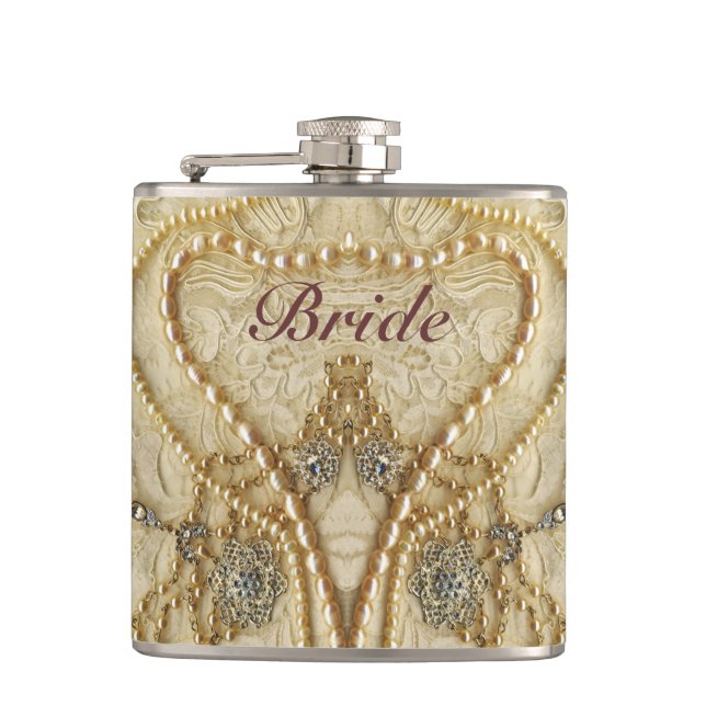 Girly Lace Purls And Bling Brides Flack Flask (Front)