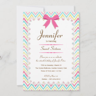 Girly Lace Watercolor Chevron Pink Bow Sweet 16 Invitation
