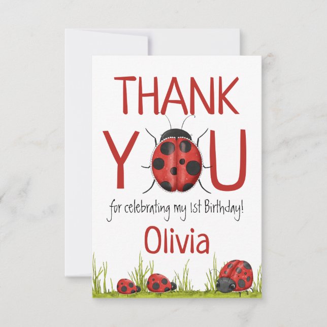 Girly Ladybug 1st Birthday Party Thank You Card (Front)