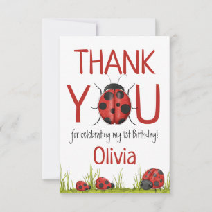 Girly Ladybug 1st Birthday Party Thank You Card