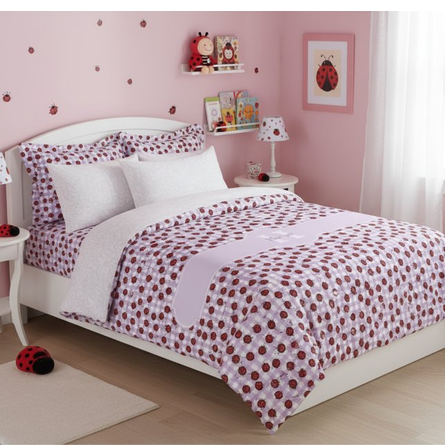 Girly Ladybug Pattern Cute Purple Gingham Name  Duvet Cover (Cute Insects Duvet Cover for Little Girl. Girly Ladybug, Purple and White Gingham Pattern for Kids)