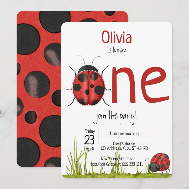 Girly Ladybug turning One Birthday Party Invitation (Front/Back)