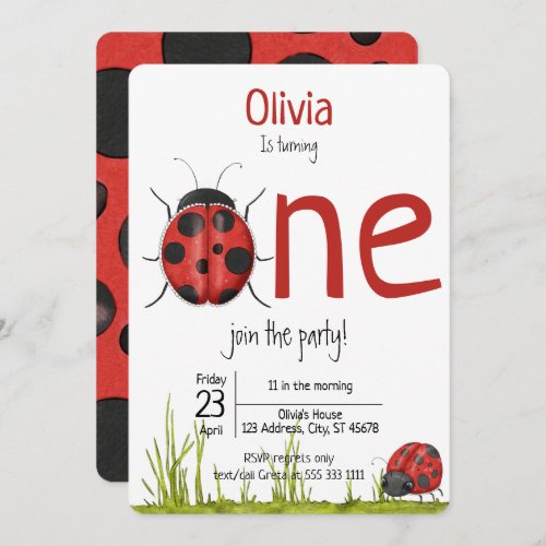 Girly Ladybug turning One Birthday Party Invitation