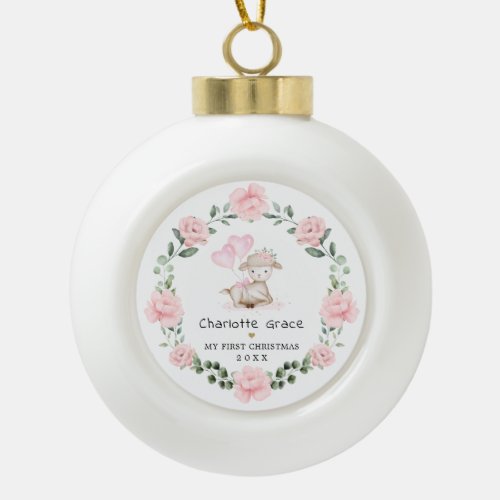 Girly Lamb Blush Flower Wreath Baby 1st Christmas Ceramic Ball Christmas Ornament