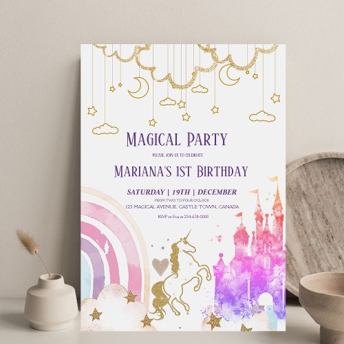 Girly Land of Magic Glitter Kids 3rd Birthday  Invitation