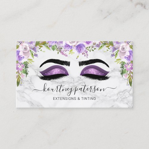 Girly Lashes Makeup Artist Purple Floral Business Card - Elegant makeup artist business cards featuring a modern marble background, pretty purple watercolor flowers, luxurious purple glitter eyes & lashes, a handwritten script, and a professional text template that is easy to personalize. The social media icons can be removed by clicking on personalize and then customize further.