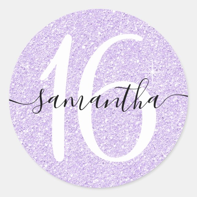 Girly Lavender Faux Glitter Personalized 16 Classic Round Sticker (Front)