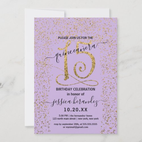 Girly Lavender Gold Confetti Border Quinceaera Invitation