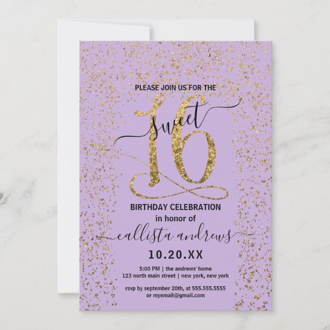 Girly Lavender Gold Confetti Border Sweet 16 Invitation (Front)