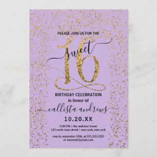 Girly Lavender Gold Confetti Border Sweet 16 Invitation