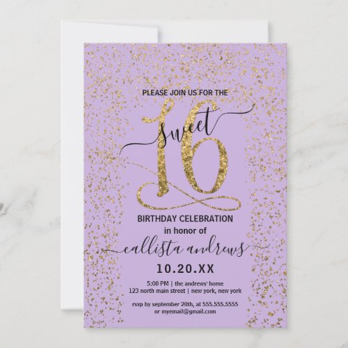 Girly Lavender Gold Confetti Border Sweet 16 Invitation