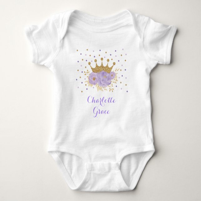 Girly Lavender Gold Floral Princess Crown Baby Bodysuit (Front)