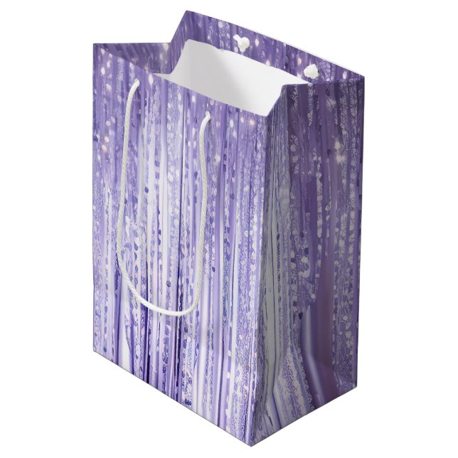 Girly Lavender Purple Glam Tinsel Stripes  Medium Gift Bag (Front Angled)
