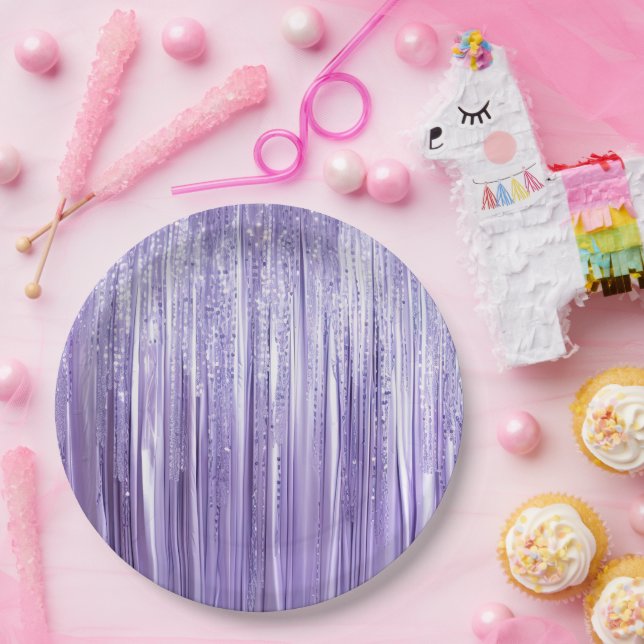 Girly Lavender Purple Glam Tinsel Stripes  Paper Plates (Party)