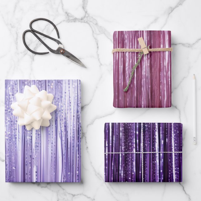 Girly Lavender Purple Glam Tinsel Stripes  Wrapping Paper Sheets (Front)