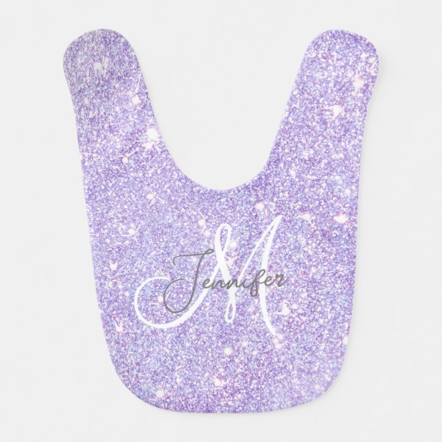 Girly Lavender Purple Glitter Blush Monogram name  Baby Bib (Front)