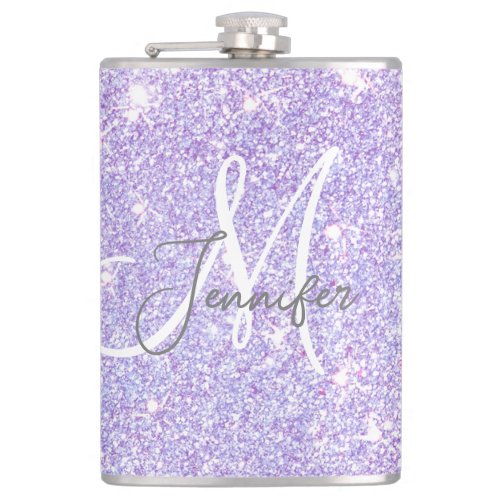 Girly Lavender Purple Glitter Blush Monogram name  Flask