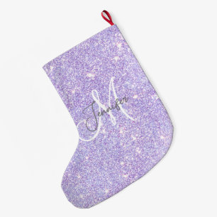 Girly Lavender Purple Glitter Blush Monogram name Large Christmas Stocking