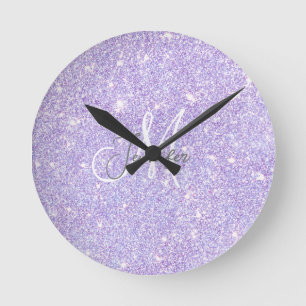 Girly Lavender Purple Glitter Blush Monogram name Round Clock