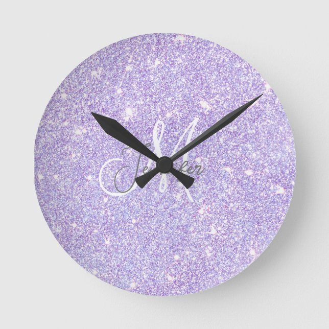 Girly Lavender Purple Glitter Blush Monogram name  Round Clock (Front)