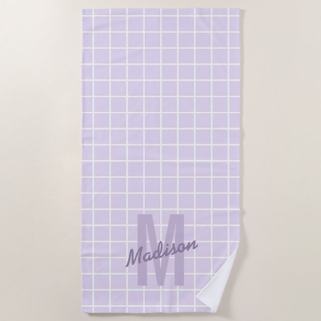 Girly lavender purple grid pattern monogram name beach towel (Front)