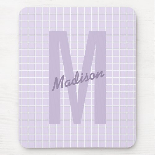 Girly lavender purple grid pattern monogram name mouse pad