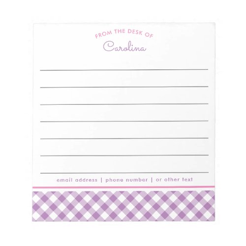 Girly Lavender Purple  Pink Script Gingham Notepad