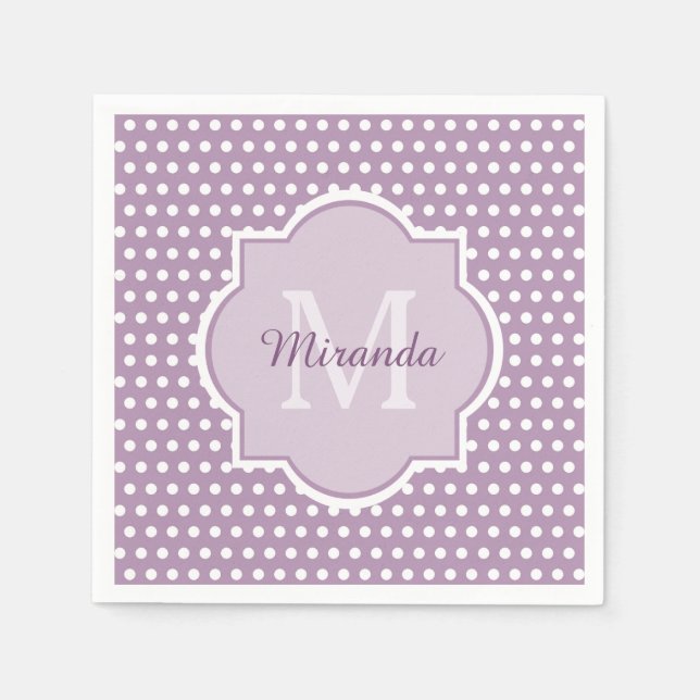 Girly Lavender Purple Polka Dots Monogram and Name Paper Napkins (Front)