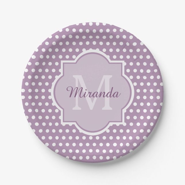Girly Lavender Purple Polka Dots Monogram and Name Paper Plates (Front)