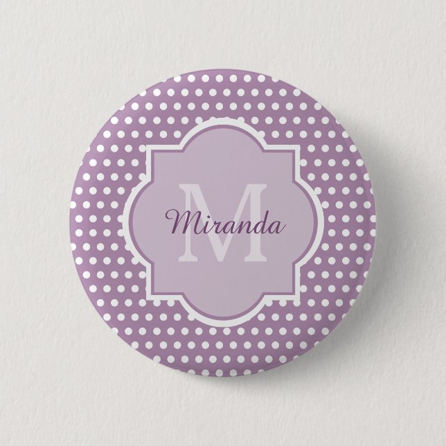 Girly Lavender Purple Polka Dots Monogram and Name Pinback Button (Front)