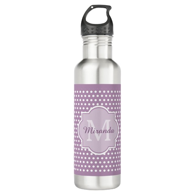 Girly Lavender Purple Polka Dots Monogram and Name Stainless Steel Water Bottle (Front)