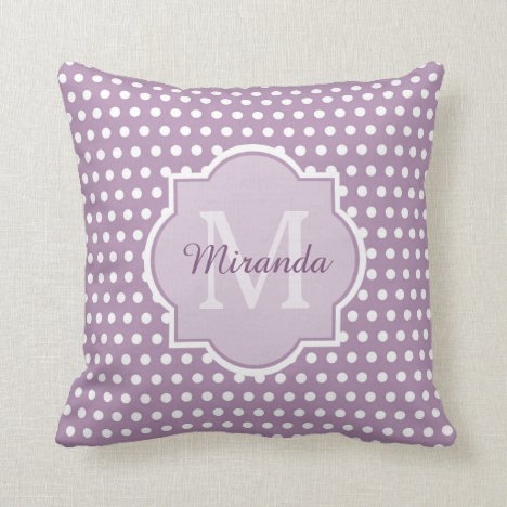 Girly Lavender Purple Polka Dots Monogram and Name Throw Pillow