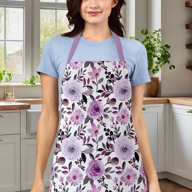 Girly Lavender Purple Roses Watercolor Floral Apron (Creator Uploaded)