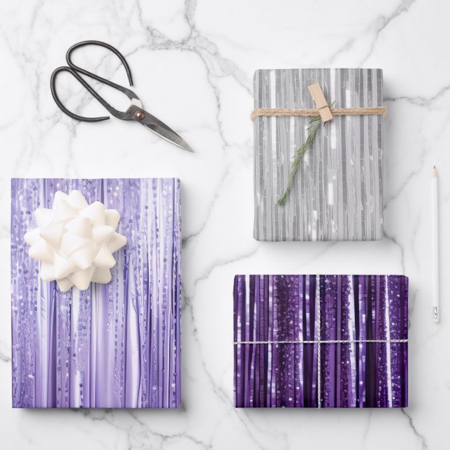 Girly Lavender Purple Silver Glam Tinsel Stripes  Wrapping Paper Sheets (Front)