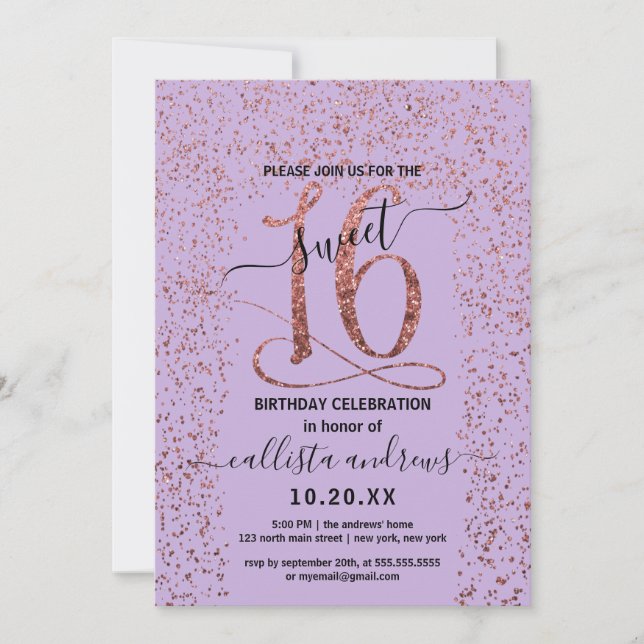 Girly Lavender Rose Gold Confetti Border Sweet 16 Invitation (Front)